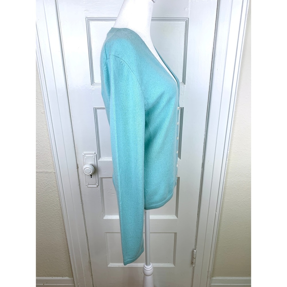 Michael Kors 100% Cashmere V-Neck Cardigan M Pastel Teal Blue Italian Yarn - Picture 4 of 16